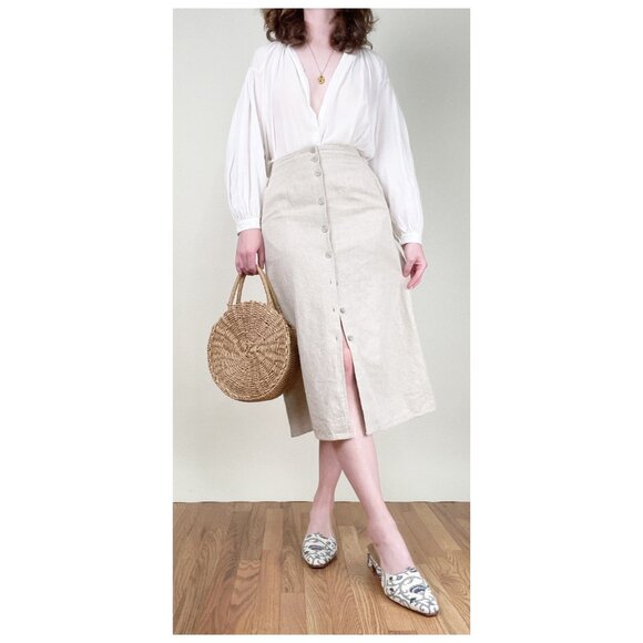 Vintage Linen Button Down Midi Skirt A-line Old Money Quiet Luxury French Girl - Picture 9 of 9